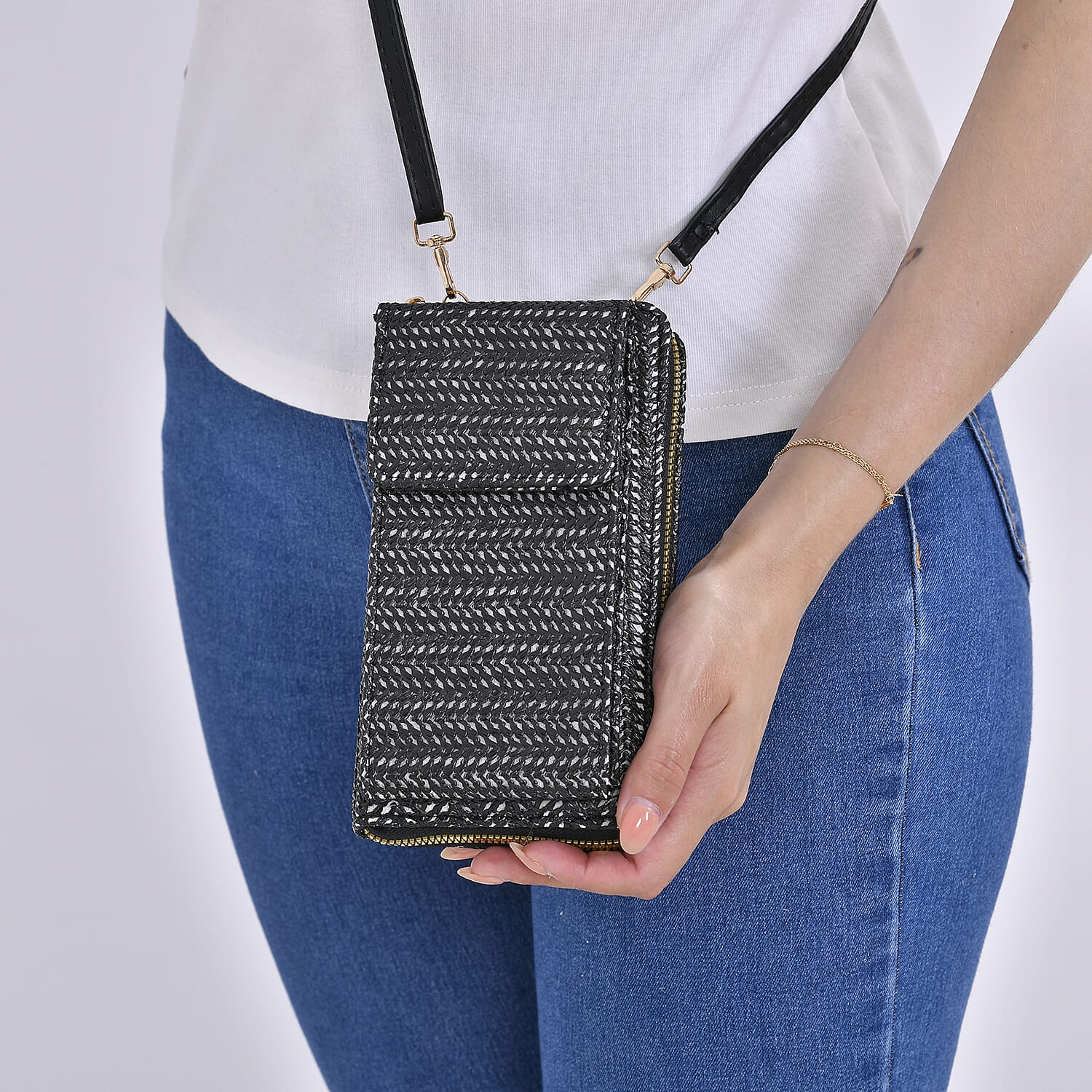 Leatherette Crossbody Cellphone Bag with Long Strap - Black