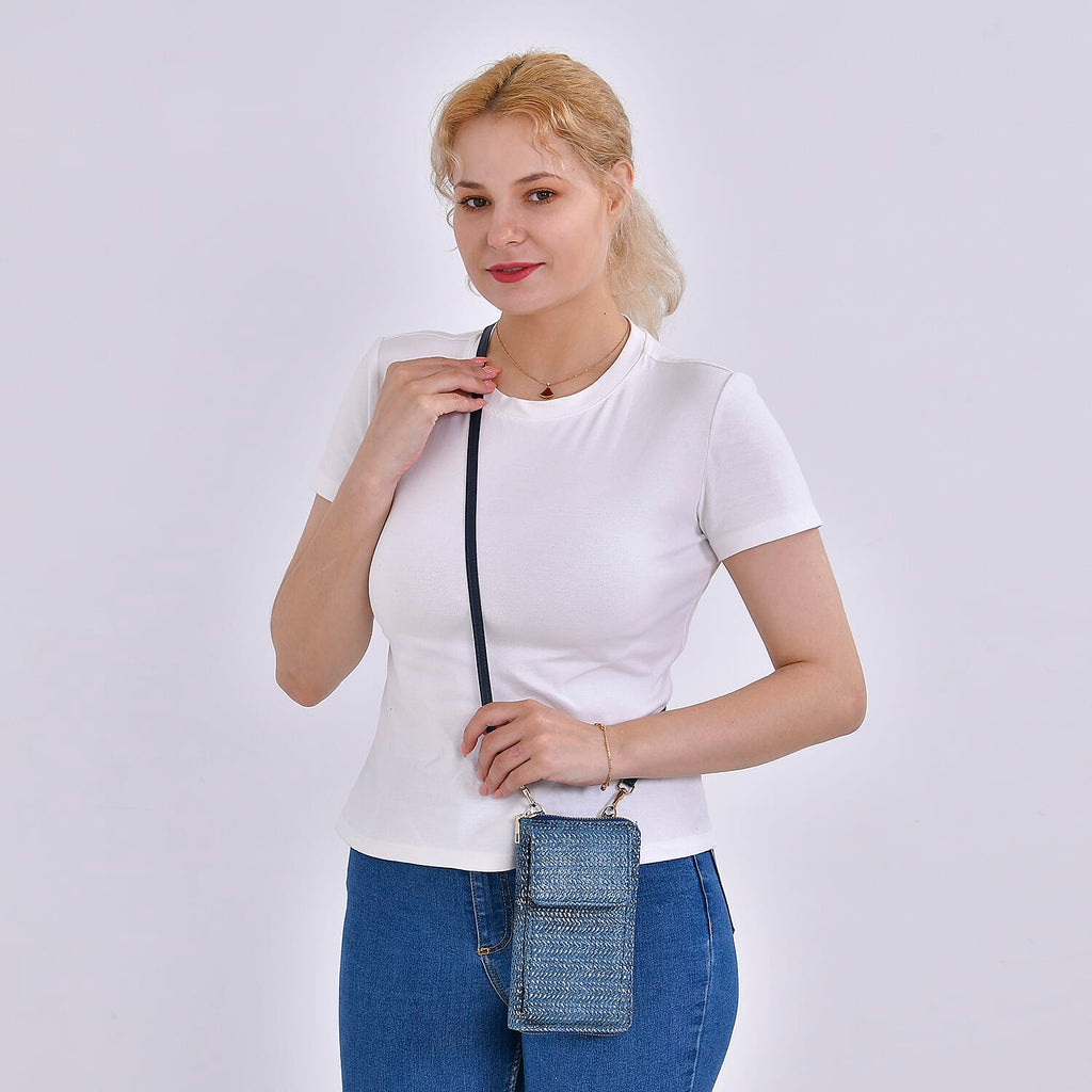 Designer Inspired - Tweed Look Crossbody Bag  - Blue
