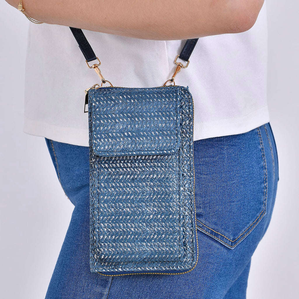 Designer Inspired - Tweed Look Crossbody Bag  - Blue