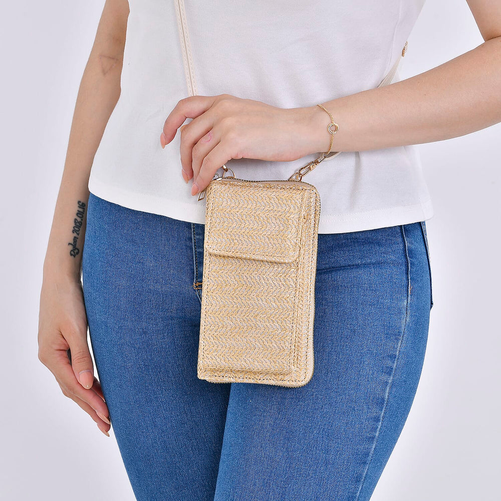 Leatherette Crossbody Cellphone Bag with Long Strap - Beige