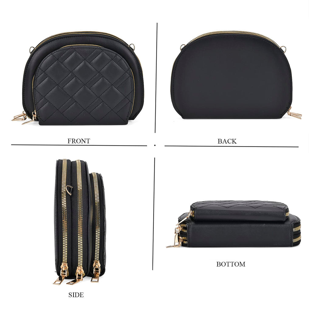 Leatherette Quilted Crossbody Bag with Log Strap - Black