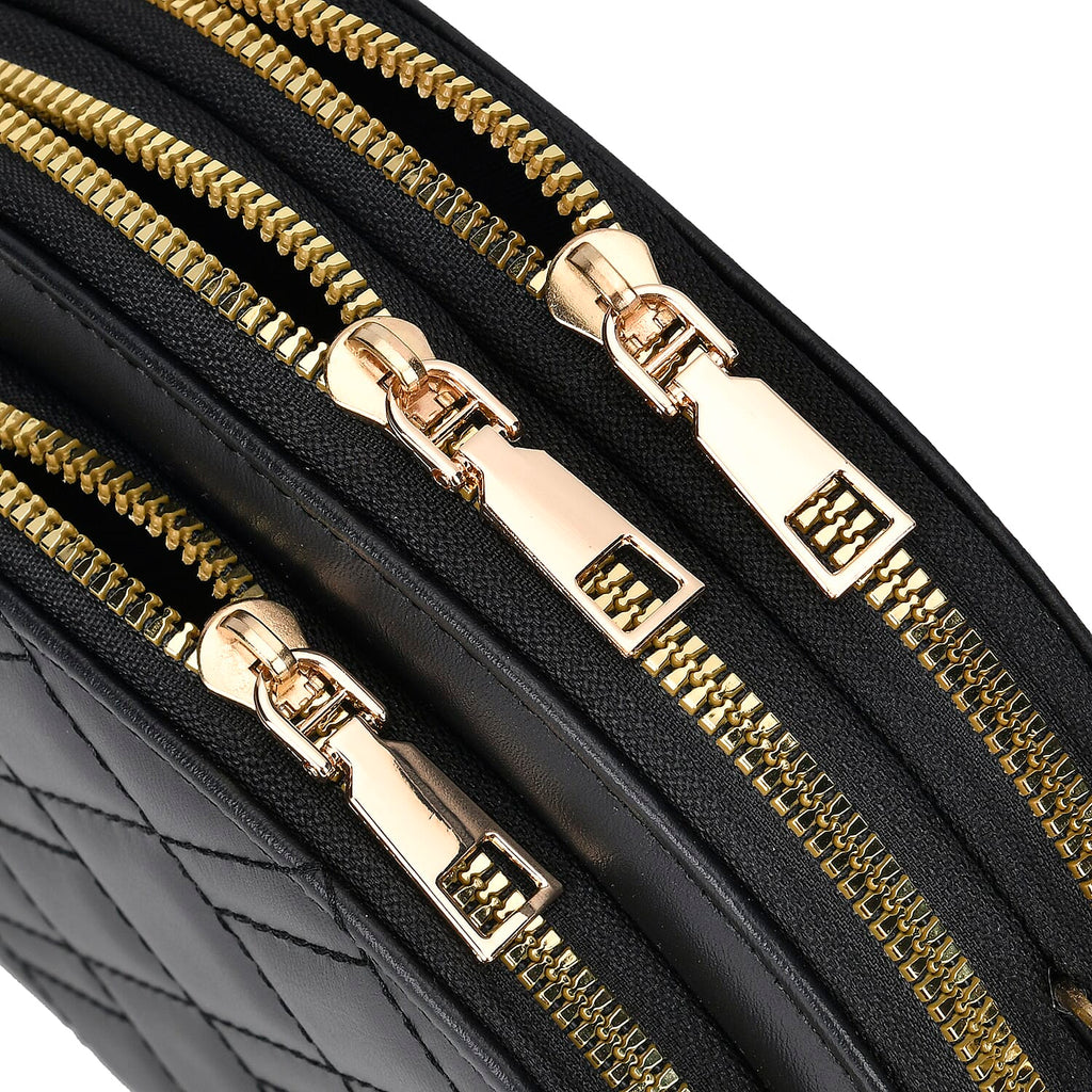 Leatherette Quilted Crossbody Bag with Log Strap - Black