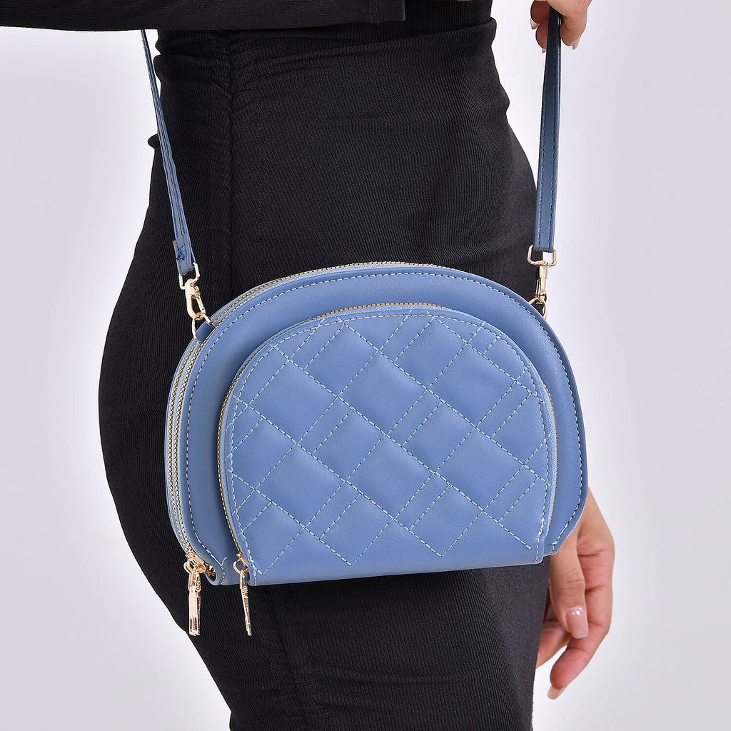 Leatherette Quilted Crossbody Bag with Log Strap - Navy