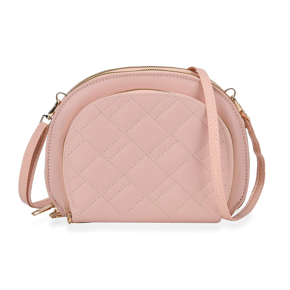 Leatherette Quilted Crossbody Bag with Log Strap - Pink