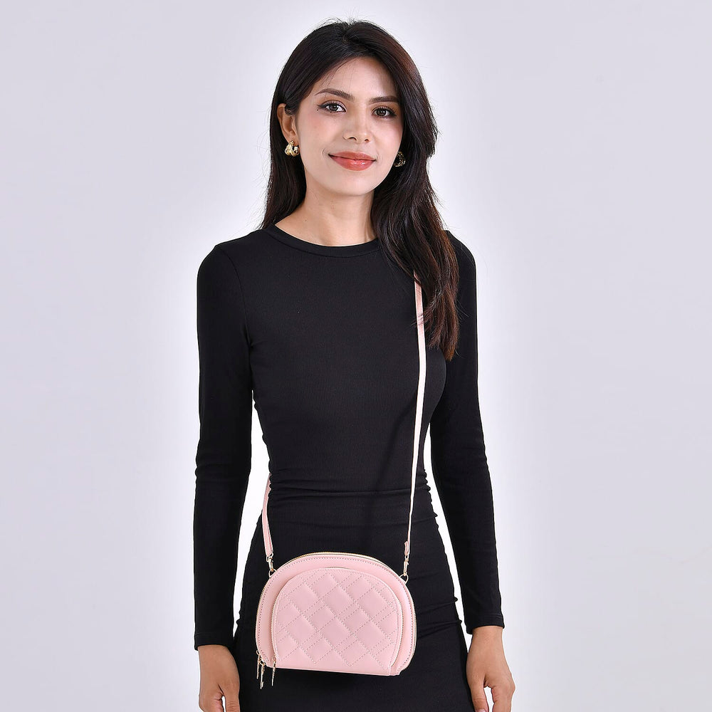 Leatherette Quilted Crossbody Bag with Log Strap - Pink