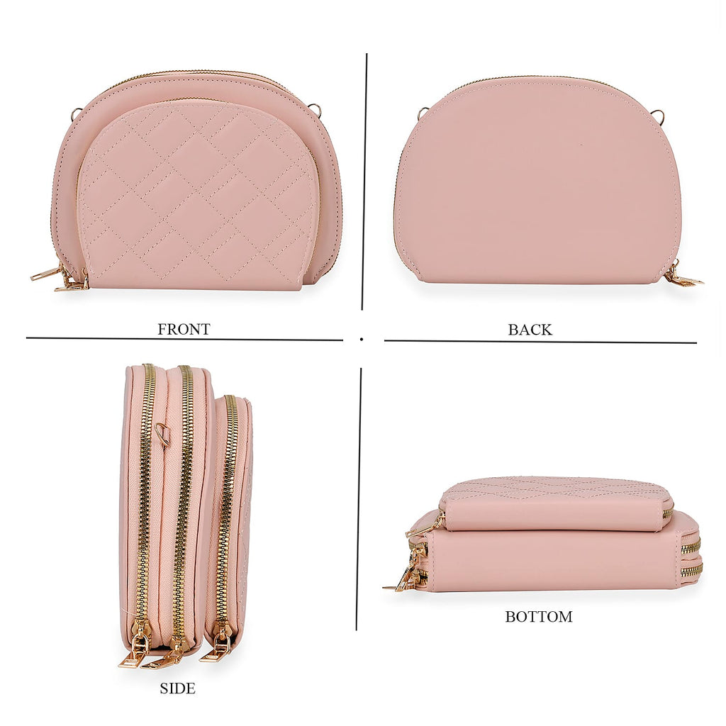Leatherette Quilted Crossbody Bag with Log Strap - Pink