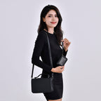 set of 2 - Classic PU Patterned Crossbody Bag (Size 21x7x15 cm) - Black & Black