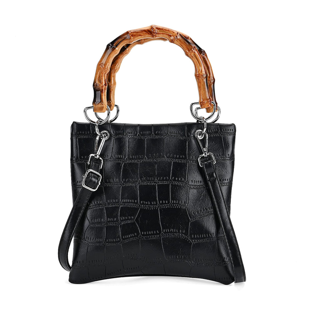 Croc Pattern Crossbody Bag with Handle Drop - Black