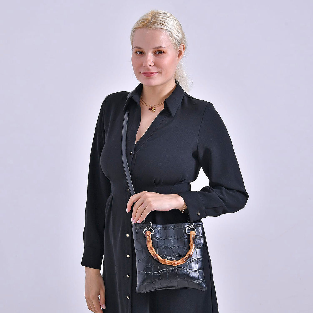 Croc Pattern Crossbody Bag with Handle Drop - Black