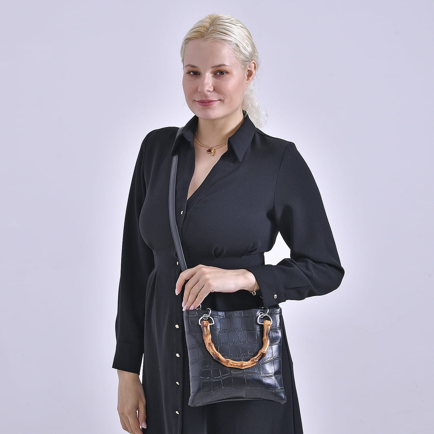 Croc Pattern Crossbody Bag with Handle Drop - Black