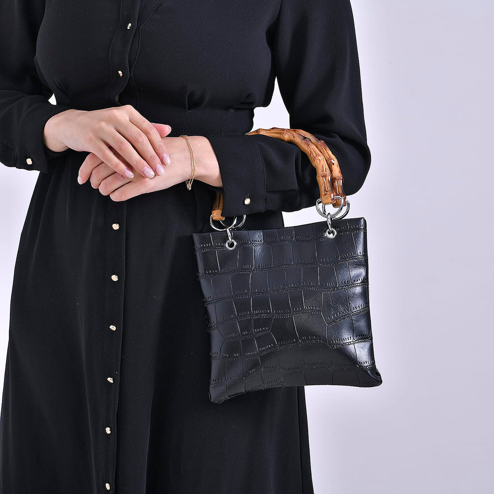 Croc Pattern Crossbody Bag with Handle Drop - Black