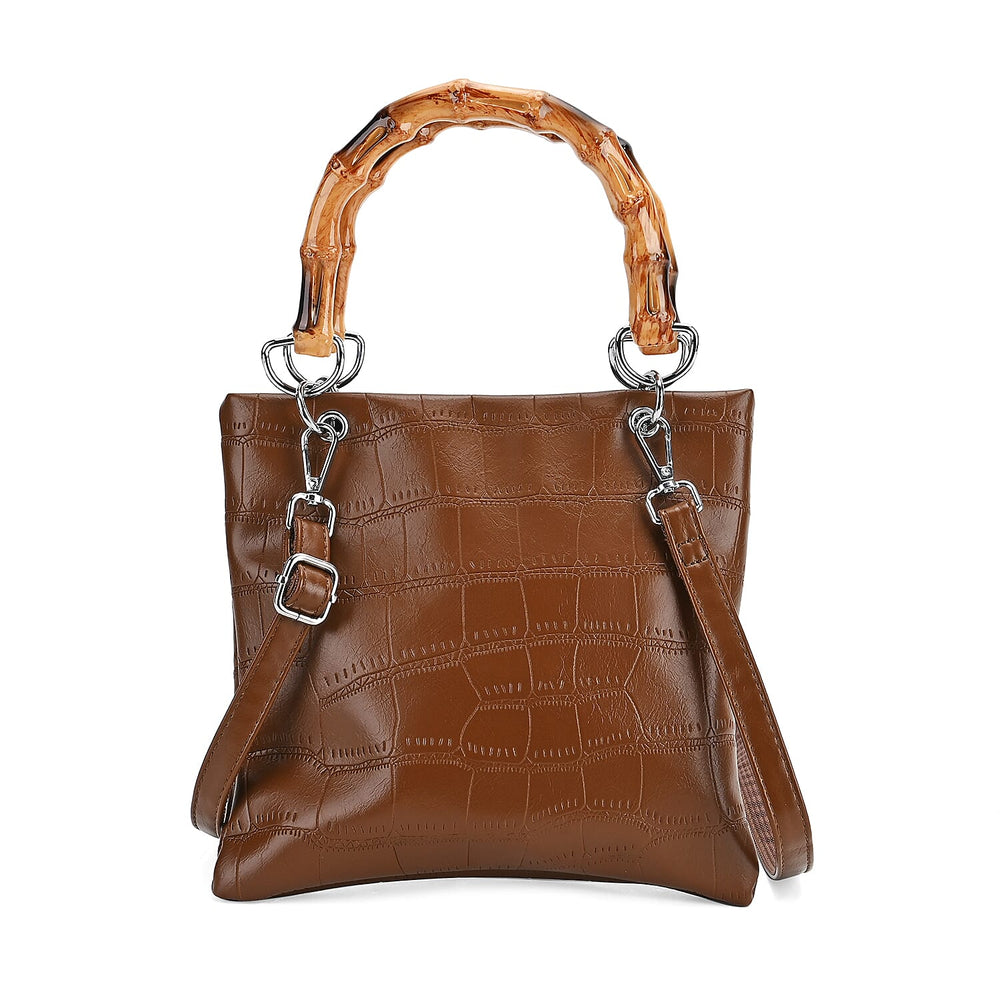 Croc Pattern Crossbody Bag with Handle Drop - Coffee