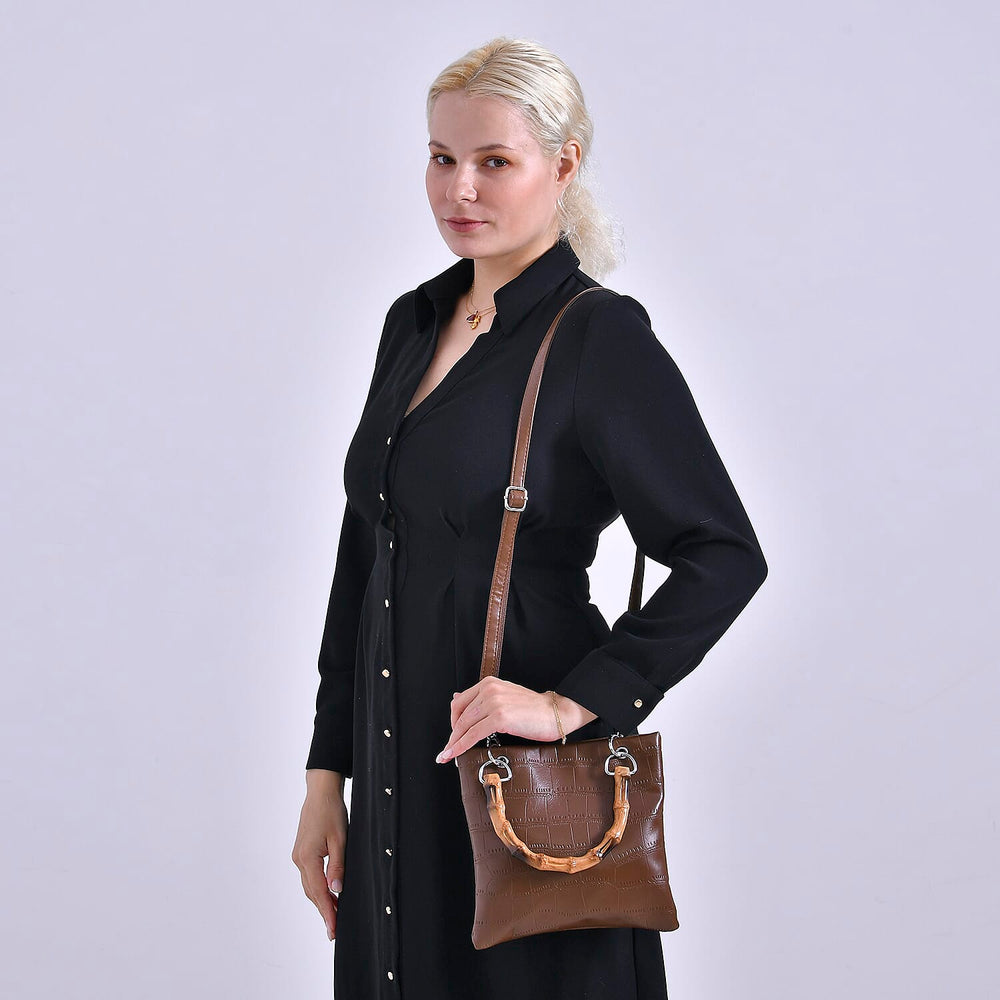 Croc Pattern Crossbody Bag with Handle Drop - Coffee