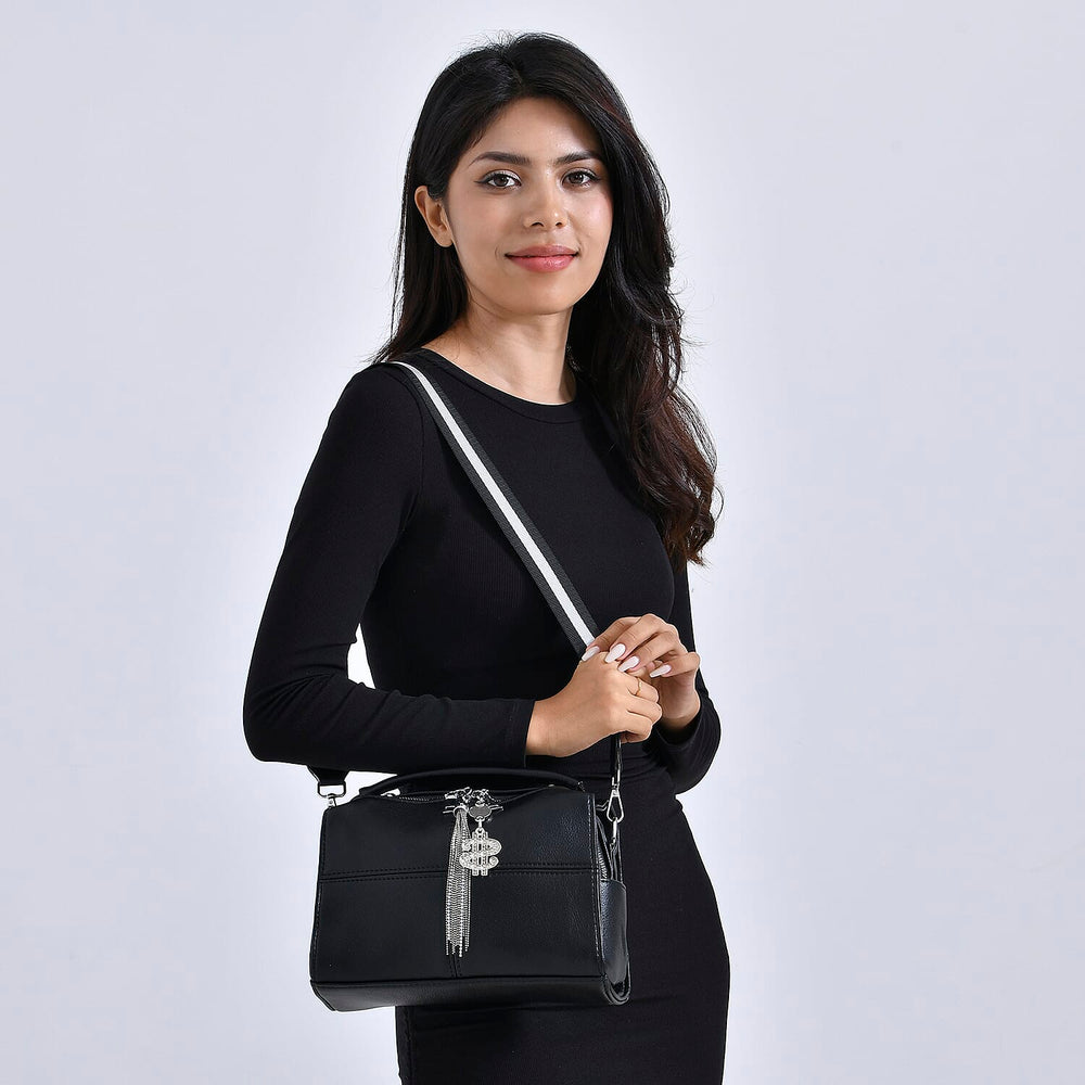 Leatherette Crossbody Bag with Tassel - Dollar Accessories - Black