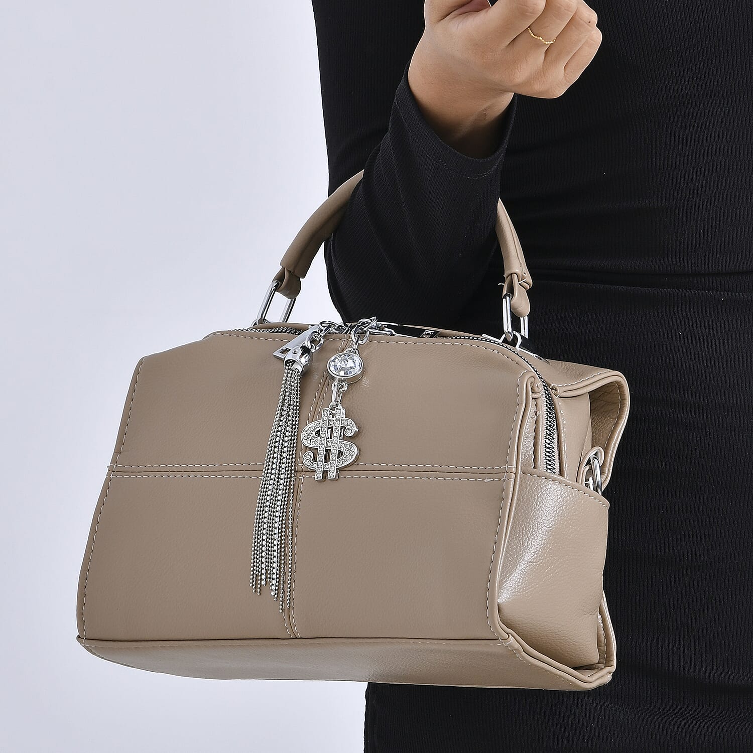 Leatherette Crossbody Bag with Tassel - Dollar Accessories - Khaki