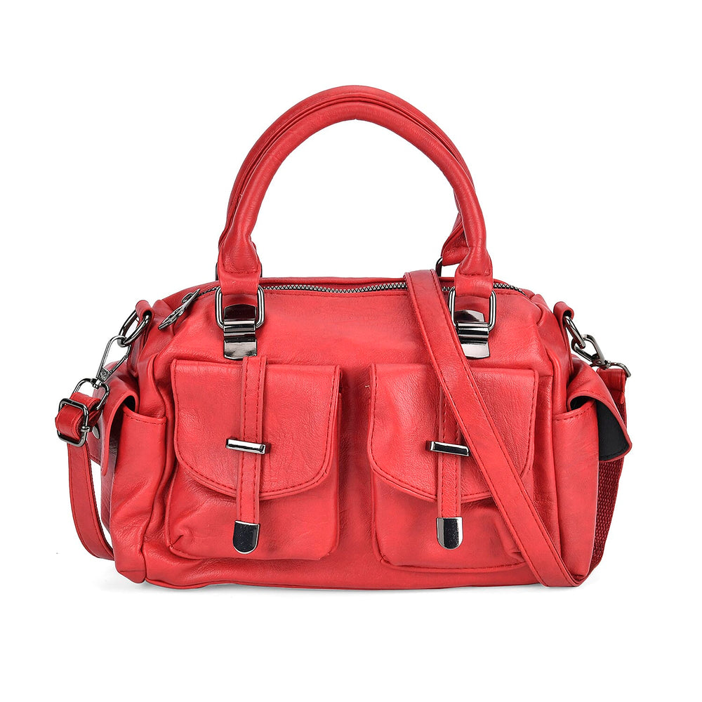 Multi-Pocket Handbag with Detachable Shoulder Strap - Red