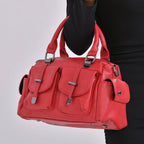 Multi-Pocket Handbag with Detachable Shoulder Strap - Red