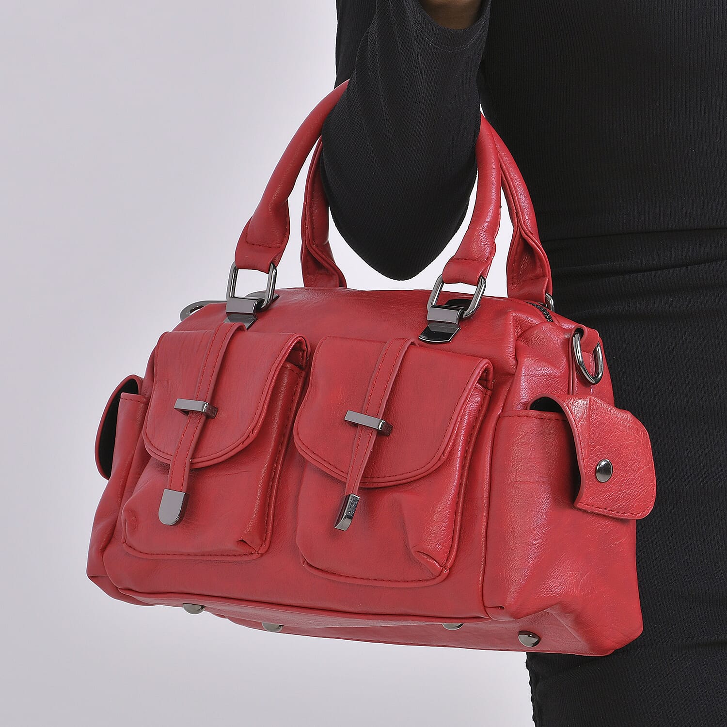 Multi-Pocket Handbag with Detachable Shoulder Strap - Red