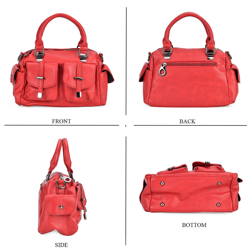 Multi-Pocket Handbag with Detachable Shoulder Strap - Red
