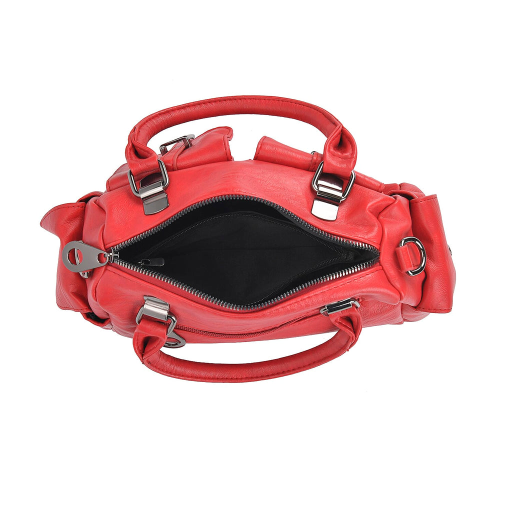 Multi-Pocket Handbag with Detachable Shoulder Strap - Red
