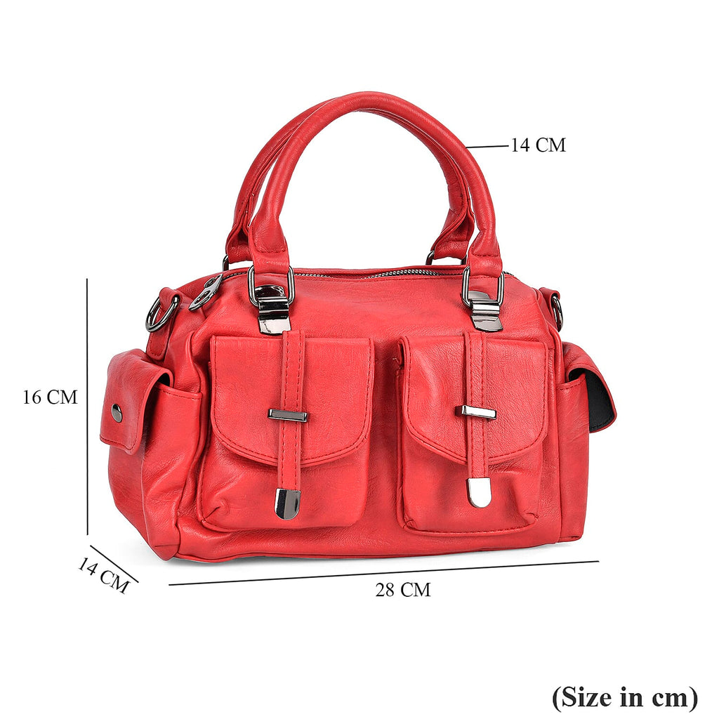 Multi-Pocket Handbag with Detachable Shoulder Strap - Red