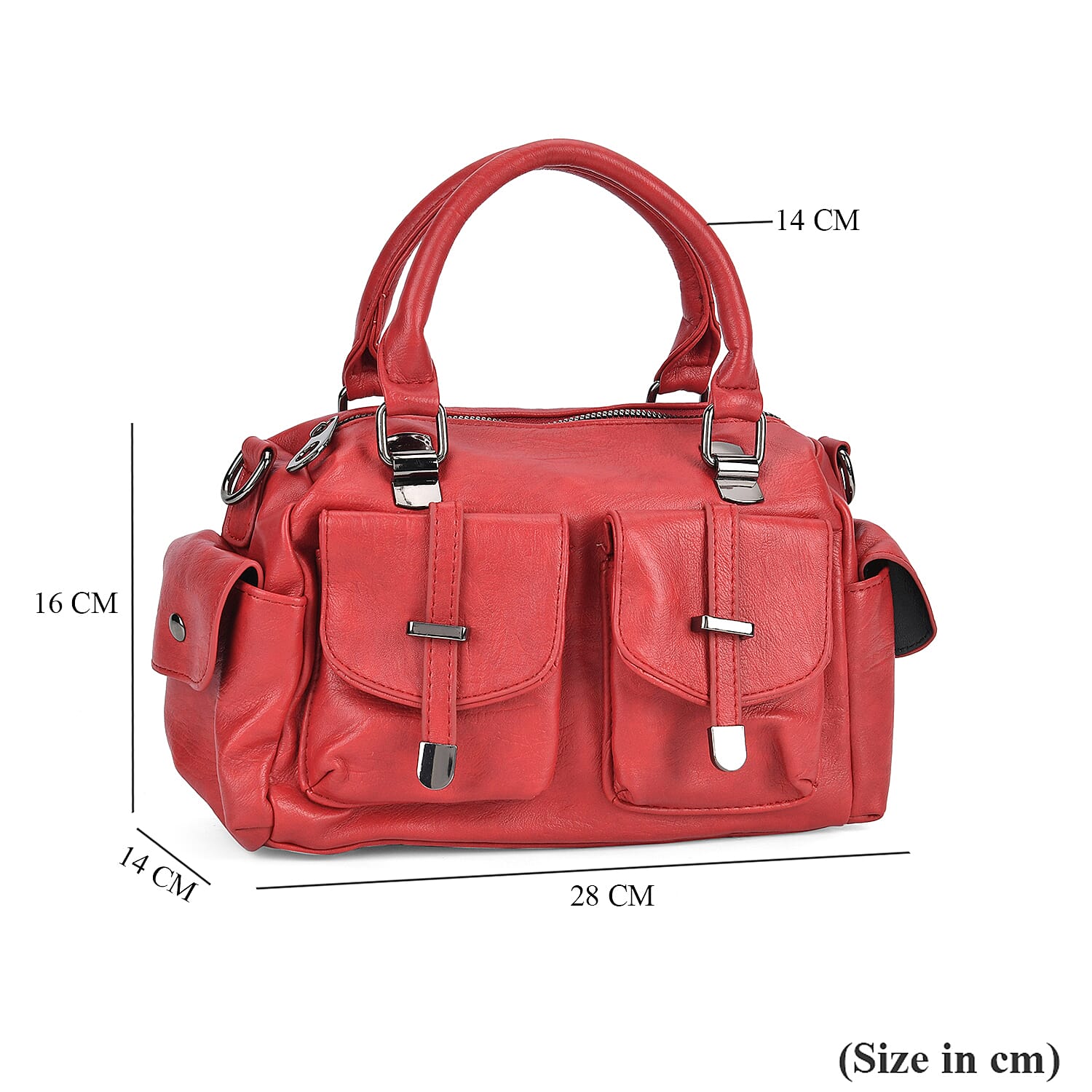 Multi-Pocket Handbag with Detachable Shoulder Strap - Red