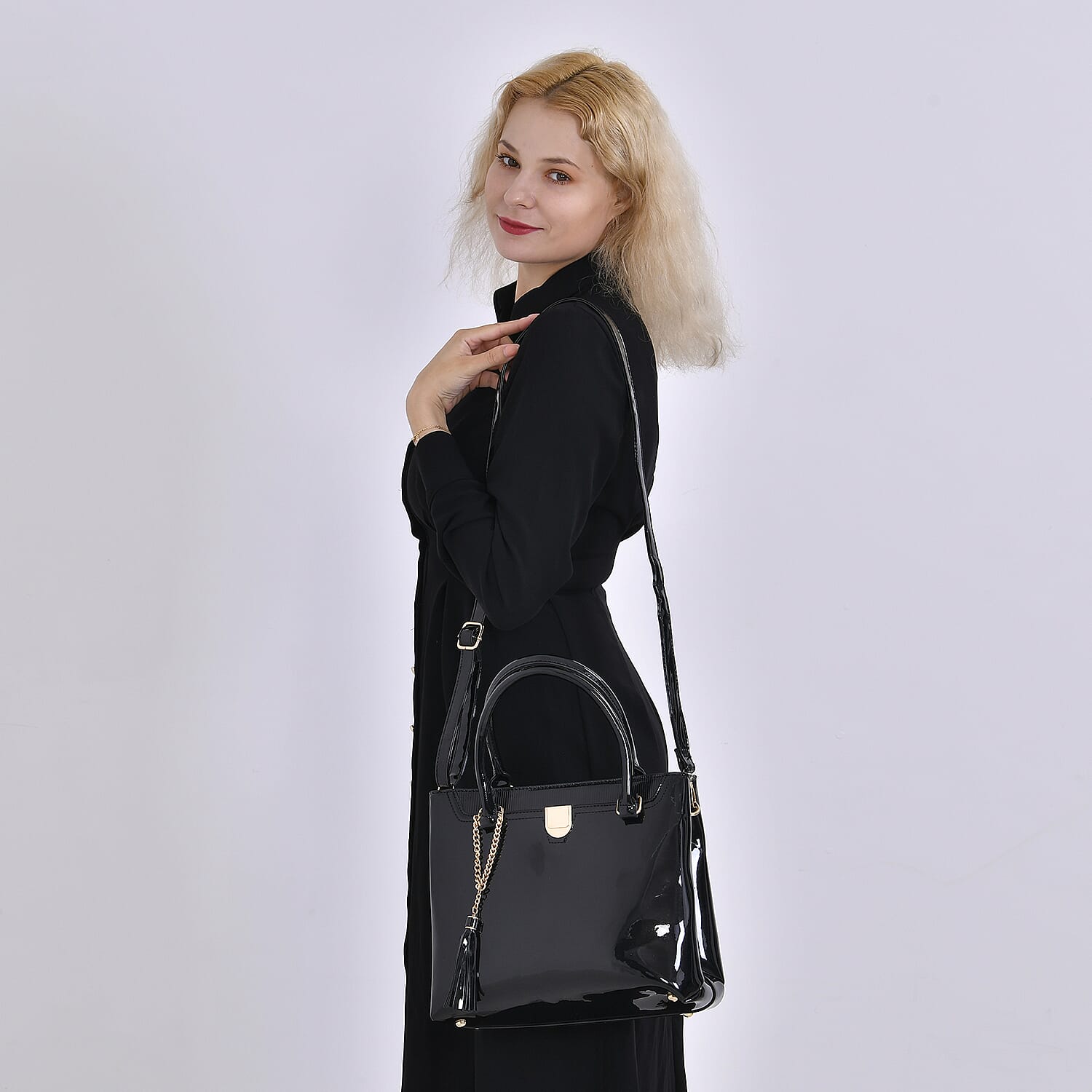 Leatherette Crossbody Bag with Handle Drop - Black