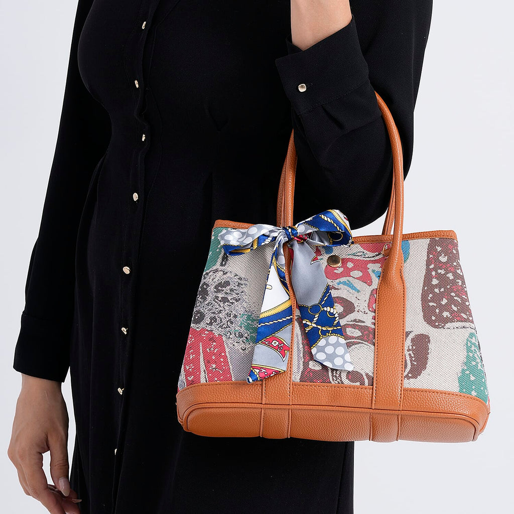 Trendy Graffiti Tote Bag with Mini Pouch - Brown - Multicolour