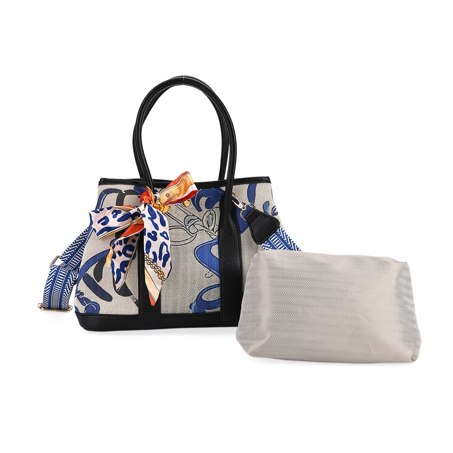 Trendy Graffiti Tote Bag with Mini Pouch - Black - Blue