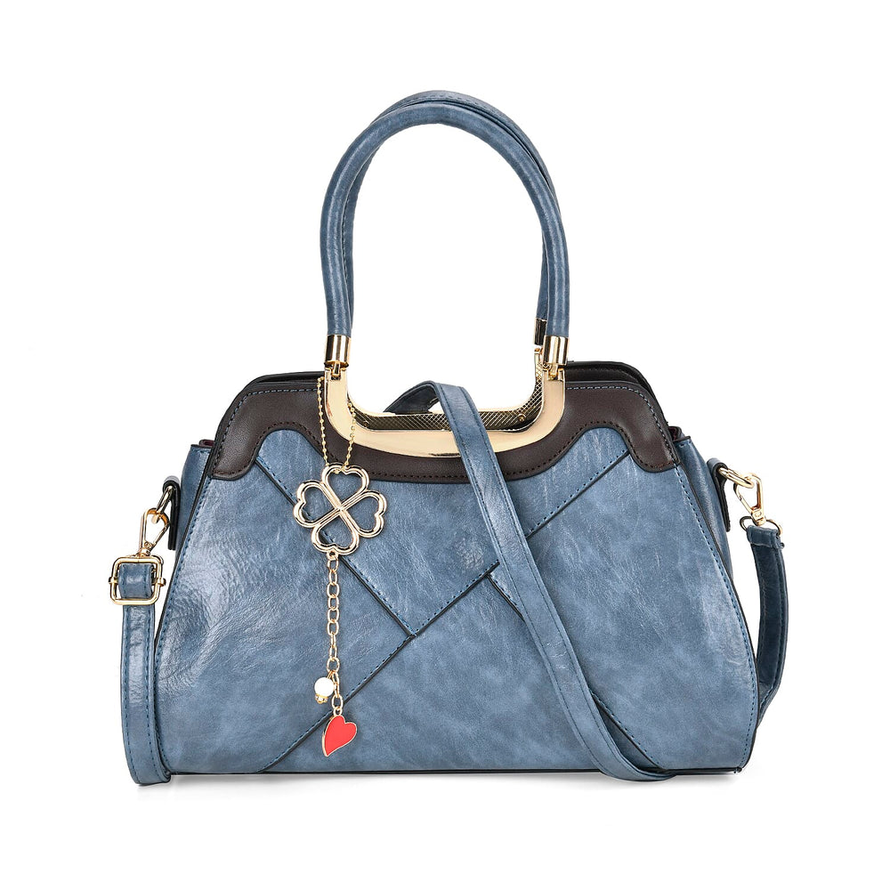 Leatherette Crossbody Bag with Four-Leaf Clover Hanging - Blue