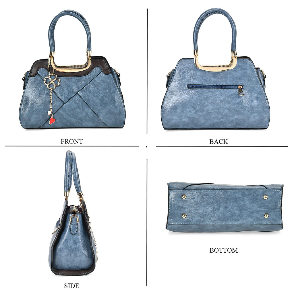 Leatherette Crossbody Bag with Four-Leaf Clover Hanging - Blue