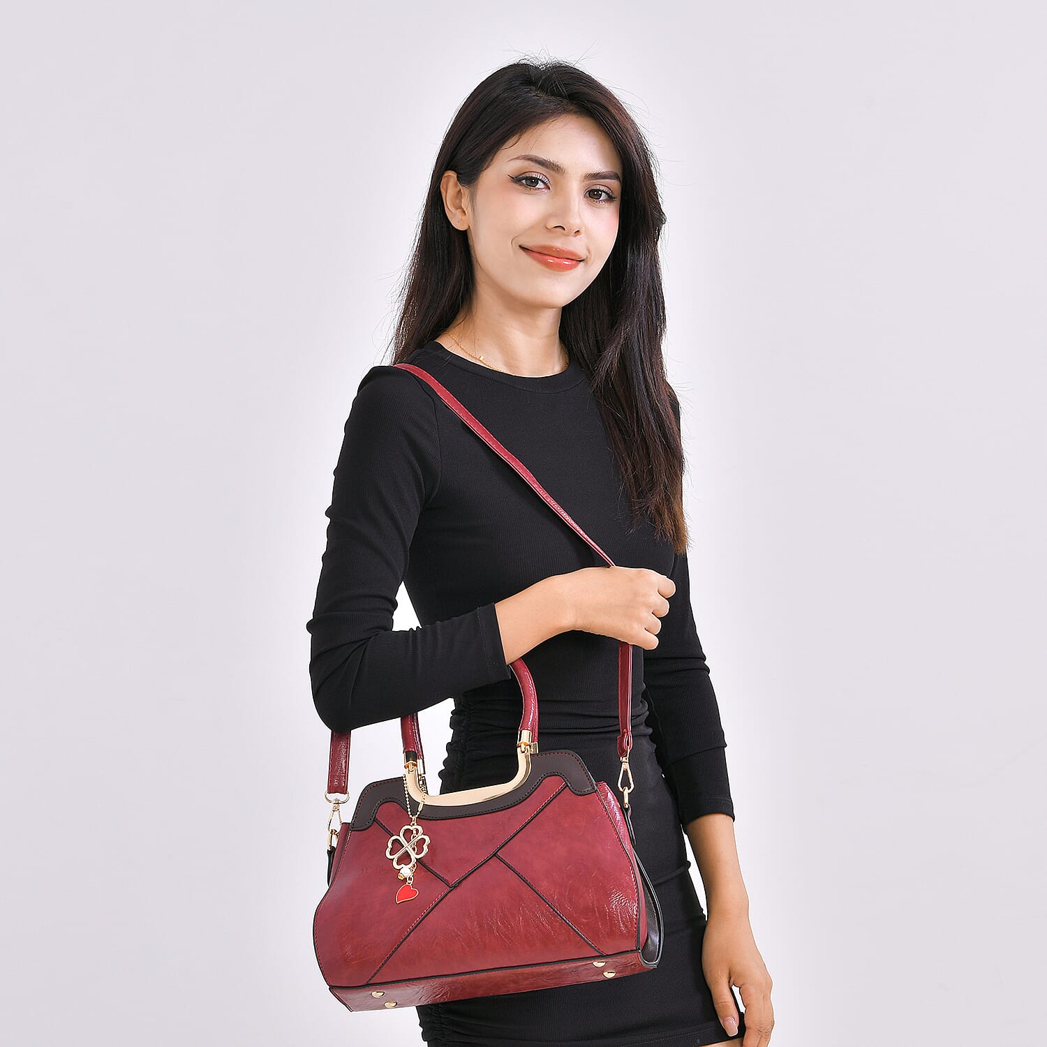 PU Patterned Crossbody Bag (Size 31x13x21 cm) - Burgundy & Black