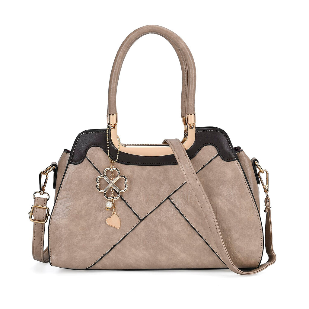 Leatherette Crossbody Bag with Four-Leaf Clover Hanging - Khaki