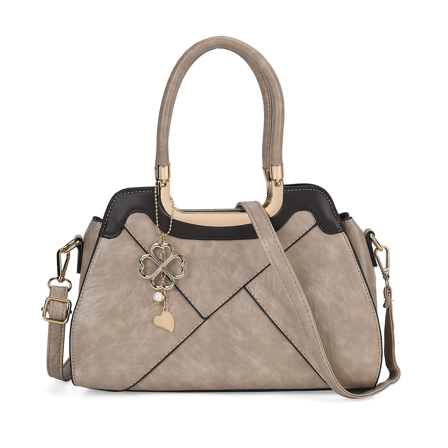 Leatherette Crossbody Bag with Four-Leaf Clover Hanging - Khaki