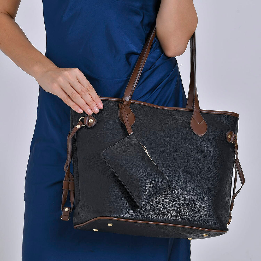Leatherette Tote Bag with Pouch - Black