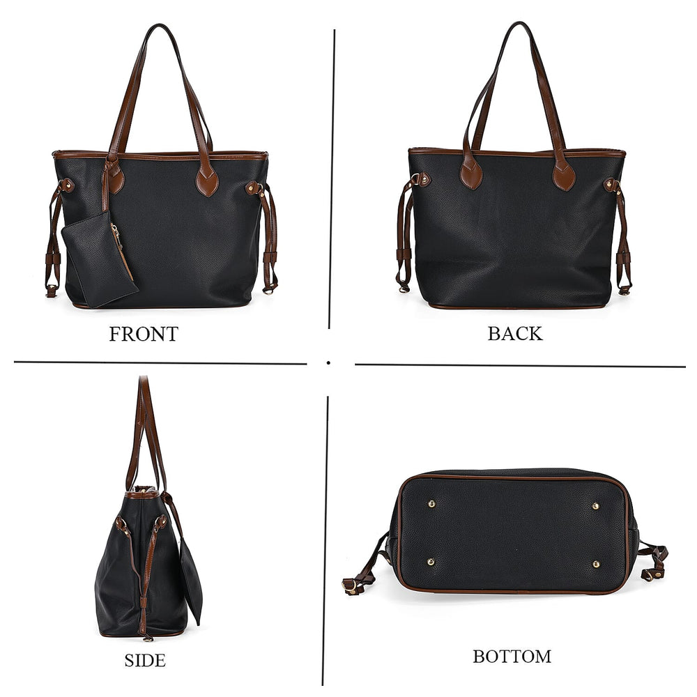 Leatherette Tote Bag with Pouch - Black