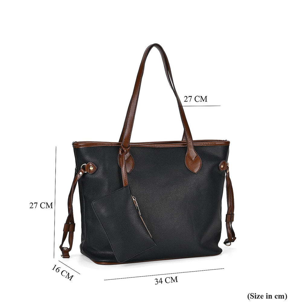 Leatherette Tote Bag with Pouch - Black