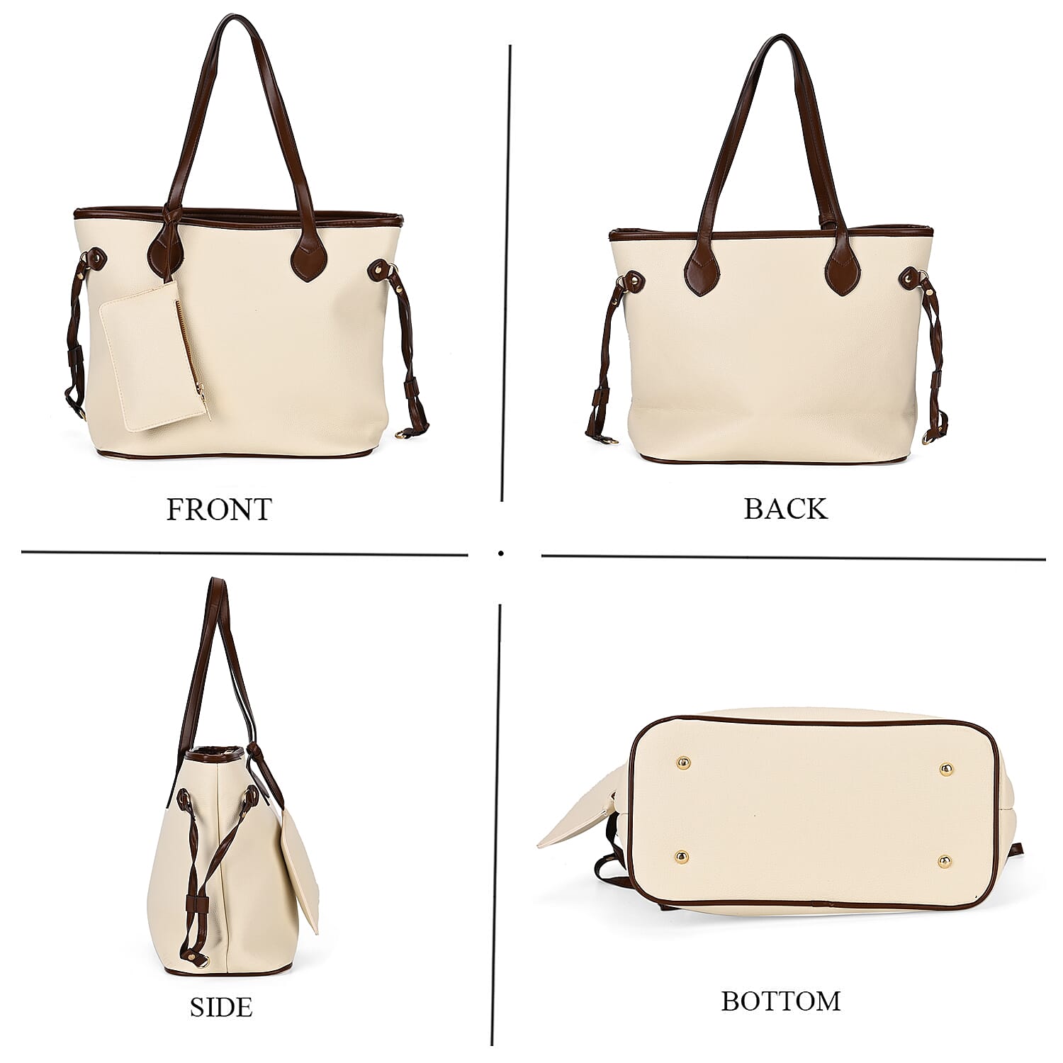 Leatherette Tote Bag with Pouch - Off White