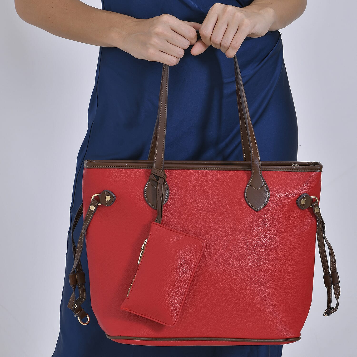 Leatherette Tote Bag with Pouch - Red