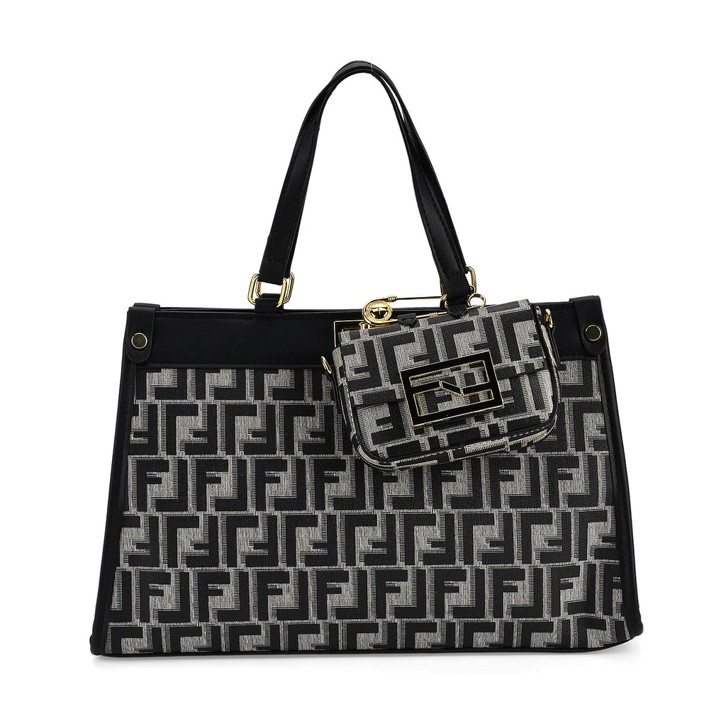 Set of 2 Monogram Tote Bag with Small Matching Bag - Black & Off-White