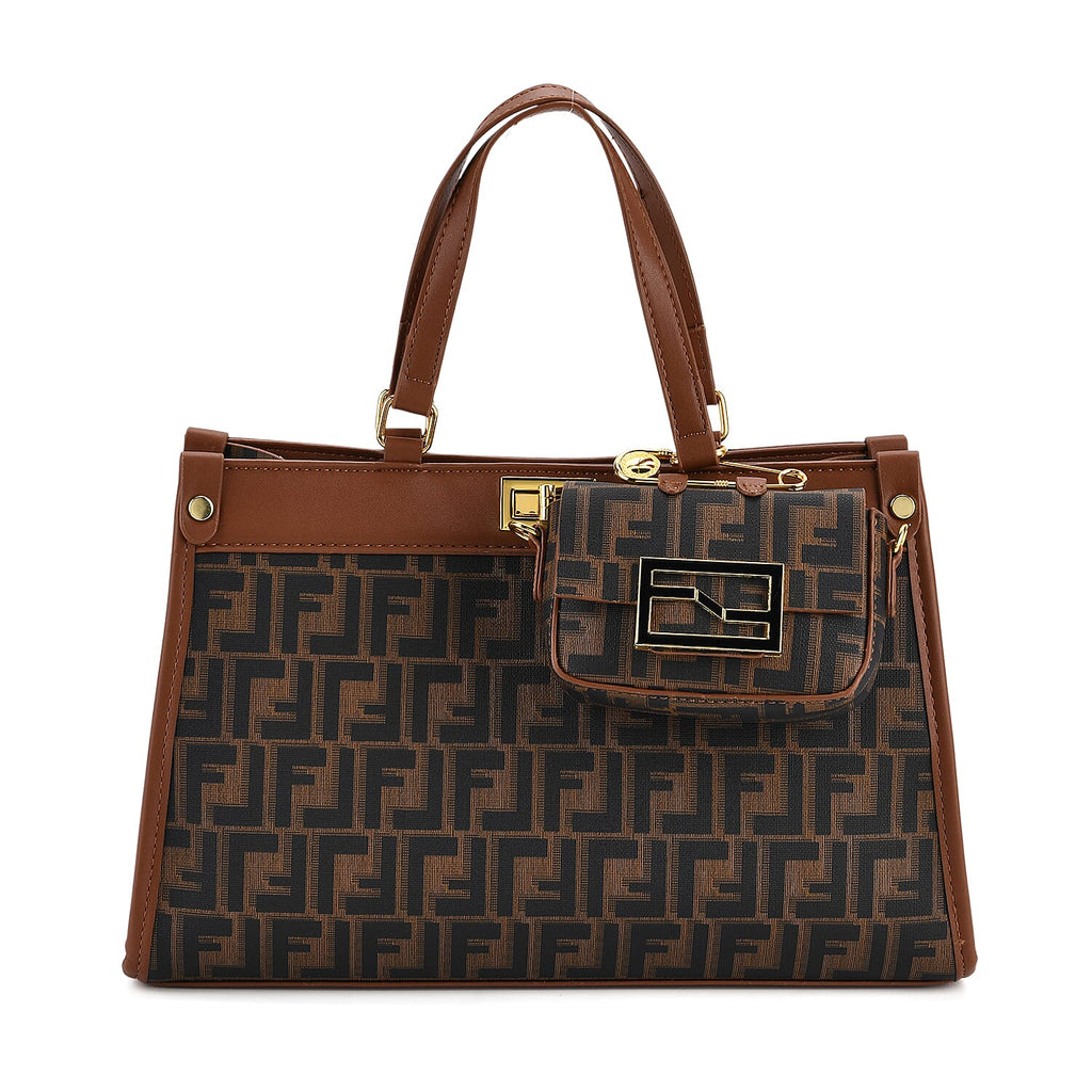 Set of 2 Monogram Tote Bag with Small Matching Bag - Tan & Black