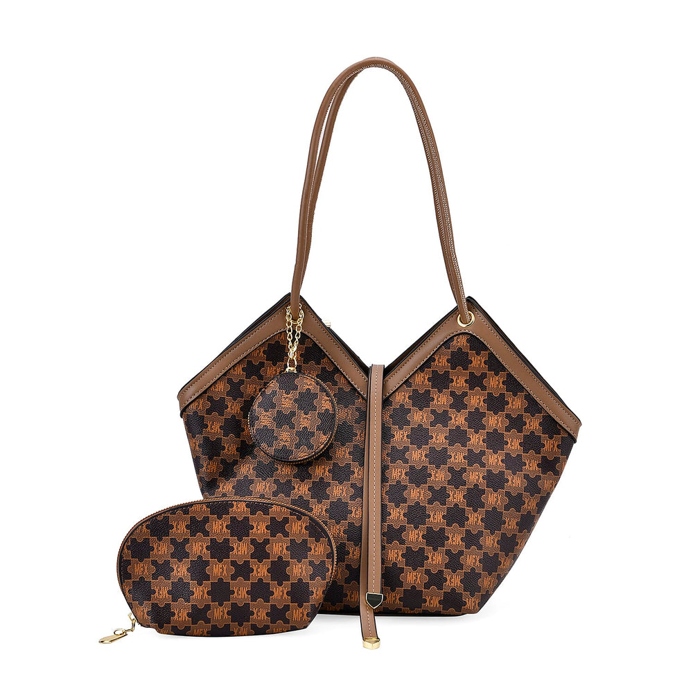 DESIGNER INSPIRED - 3 Piece Set - Patterned Tote Bag with Zipper Bag - Coffee