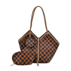 DESIGNER INSPIRED - 3 Piece Set - Patterned Tote Bag with Zipper Bag - Coffee