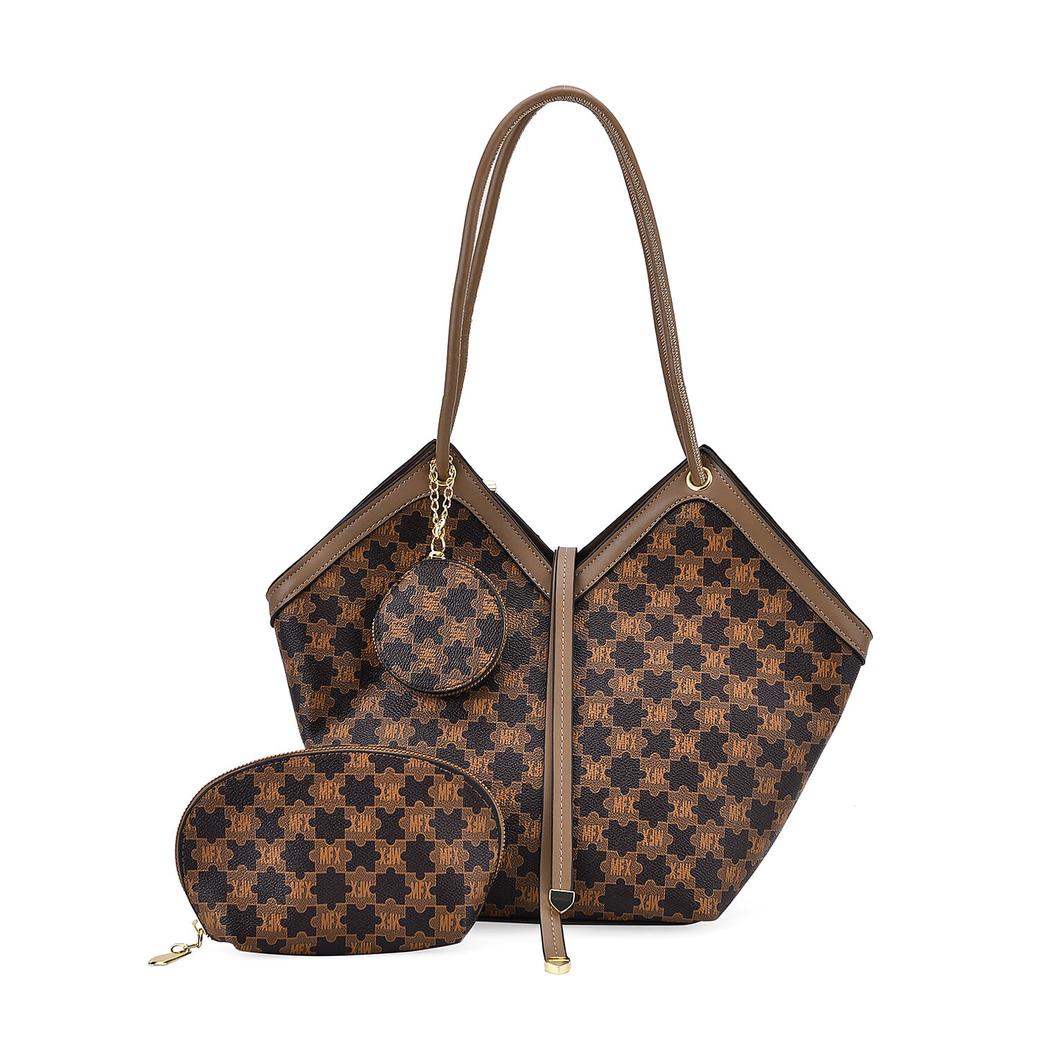 DESIGNER INSPIRED - 3 Piece Set - Patterned Tote Bag with Zipper Bag - Coffee