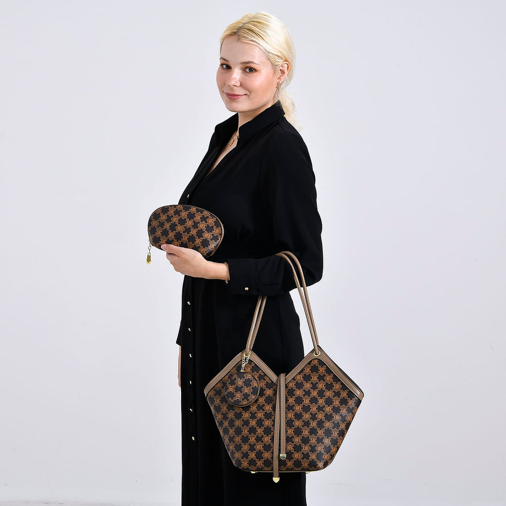 DESIGNER INSPIRED - 3 Piece Set - Patterned Tote Bag with Zipper Bag - Coffee
