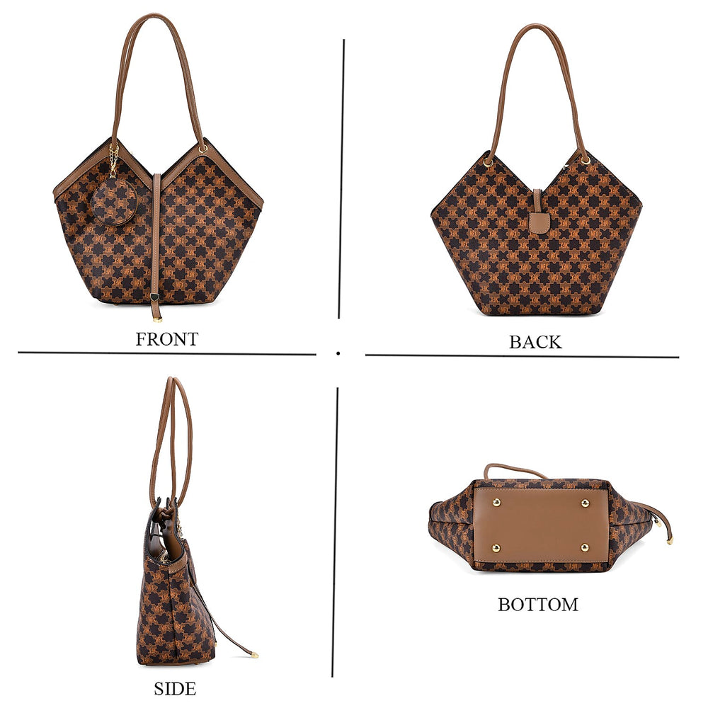DESIGNER INSPIRED - 3 Piece Set - Patterned Tote Bag with Zipper Bag - Coffee