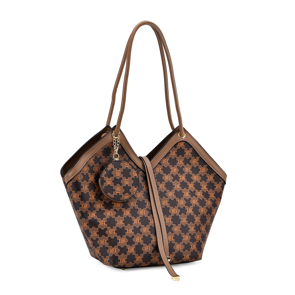 DESIGNER INSPIRED - 3 Piece Set - Patterned Tote Bag with Zipper Bag - Coffee