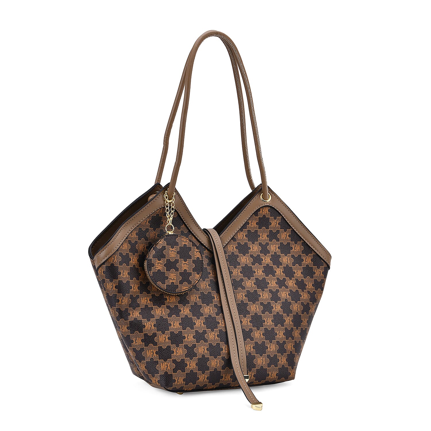 DESIGNER INSPIRED - 3 Piece Set - Patterned Tote Bag with Zipper Bag - Coffee