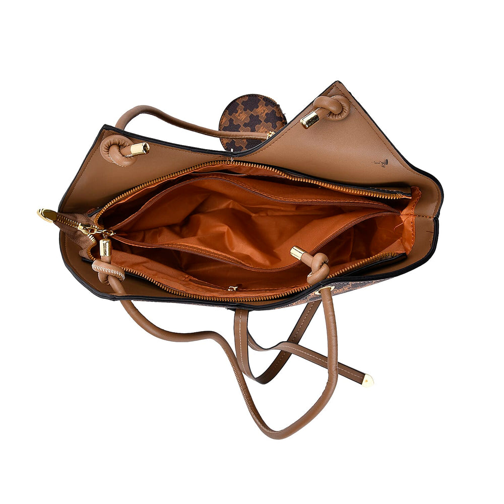 DESIGNER INSPIRED - 3 Piece Set - Patterned Tote Bag with Zipper Bag - Coffee