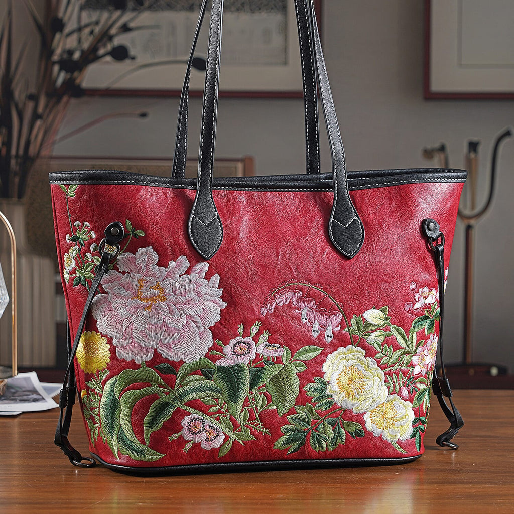 New Launch-Floral Embroidered Tote Bag - Red